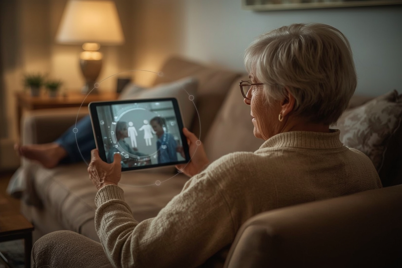 Care Circle handoff via tablet in the living room
